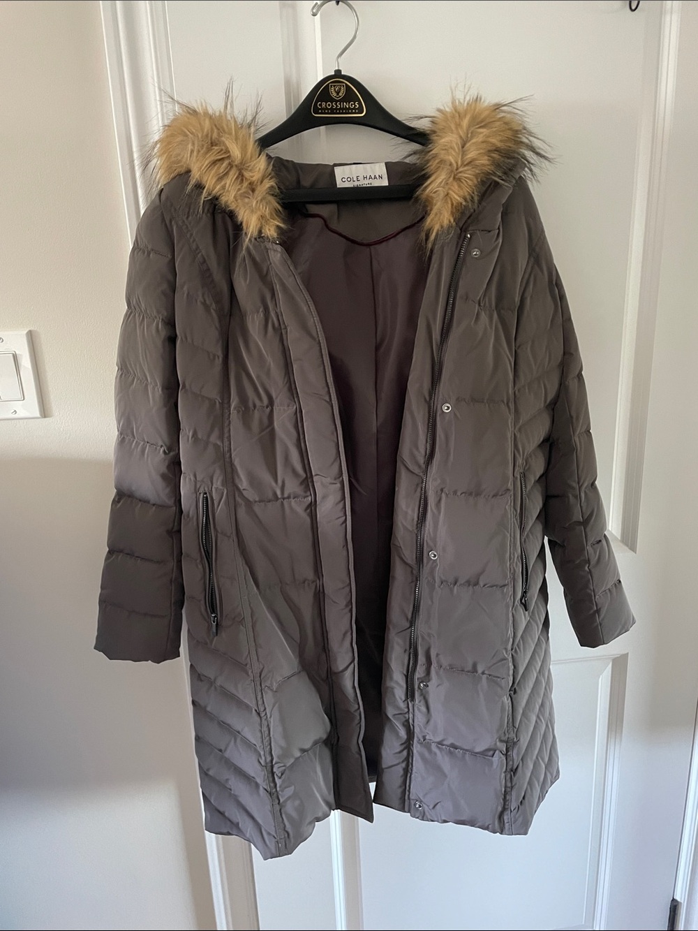 Cole Haan Warm Gray/Taupe Hooded Down Winter Coat with Faux Fur Trim - Small